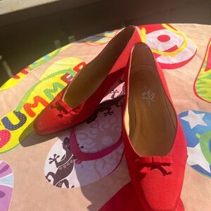 Stubbs & Wootton Red Low Heels(about 1.5”)Bow Trim (size 7 A might be more fair)